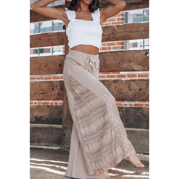 POL Mocha Latte Stretch Knit Lace Panel Wide Leg Pants - Picture 4 of 14